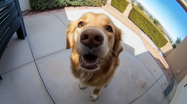 A golden retriever looks into the camera, fisheye optic
