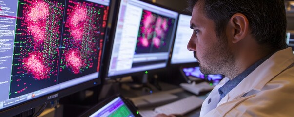 Researcher analyzing complex genomic data on multiple monitors in a high-tech laboratory environment