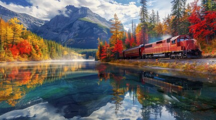 Fototapeta premium A red train travels through a vibrant autumn forest beside a calm lake, with colorful foliage reflecting on the water. Majestic mountains rise in the background under a partly cloudy sky.