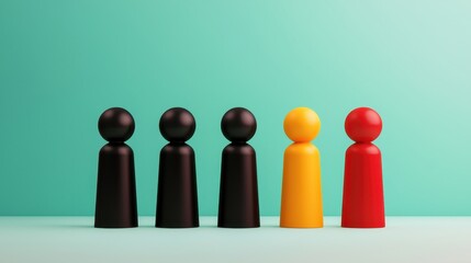 Globalization trade war concept. A row of five figurines in various colors, including black, yellow, and red, against a mint green background, symbolizing diversity and inclusion.