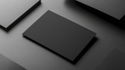Close-up view of a blank black card, subtly angled on a dark gray surface. Minimalist design, perfect for branding or mockups. The texture is smooth, with a matte finish, creating a sophisticated and 