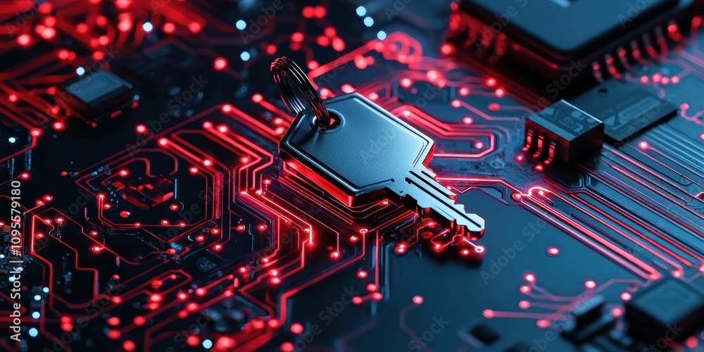 Poster cyber security event key on circuit board digital world technology concept close-up secure data prot