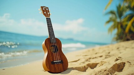 Wooden ukulele placed on a tranquil sandy beach with rolling ocean waves and a tropical relaxing atmosphere in the background