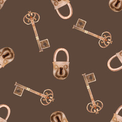 Antique lock with beautiful key watercolor seamless pattern on brown background. Hand painted illustration perfect for wrapping paper, textile, cards, banners, posters, stationary decor. Vintage