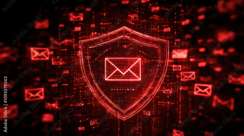 Poster digital email security concept with red shield background and floating email icons, representing cyb