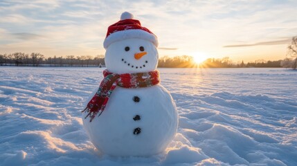 Obraz premium Charming Snowman with Red Hat and Scarf Standing in Fresh Snow Against a Beautiful Winter Sunset in a Scenic Outdoor Landscape