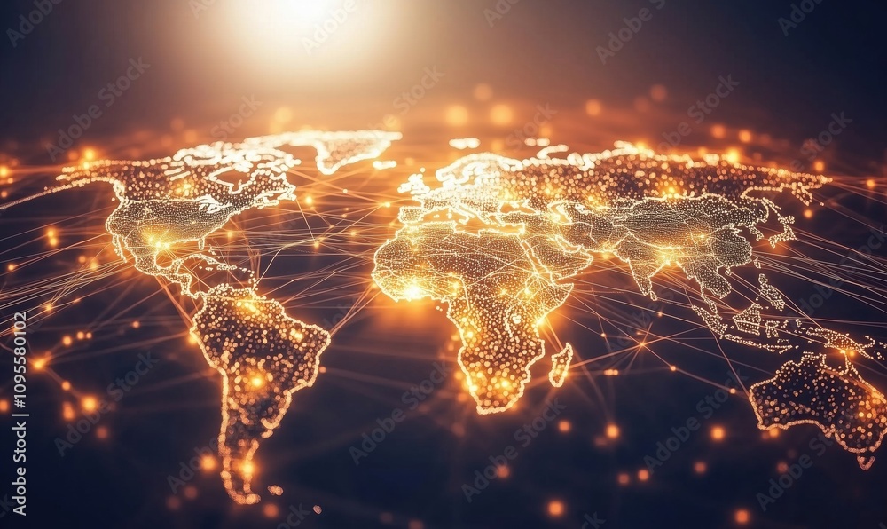 Poster illuminated world map with network connections, glowing lines and dots representing global connectiv