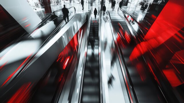 A blurred image of people moving on escalators in a shopping mall, the red lighting adds a sense of urgency and movement.