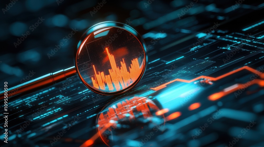 Poster futuristic data analysis with magnifying glass over graphical representation of digital data pattern