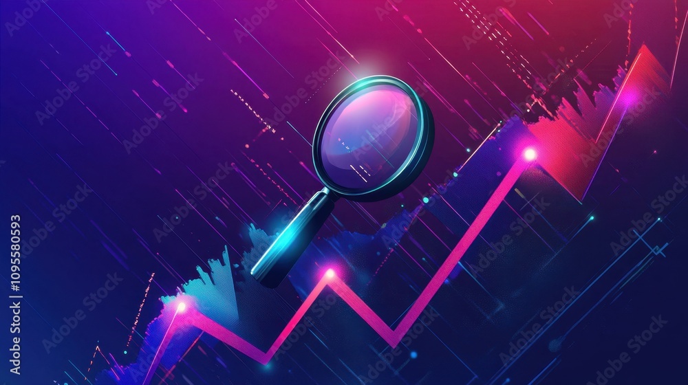 Poster abstract illustration combining a magnifying glass and upward graph lines to symbolize data analysis