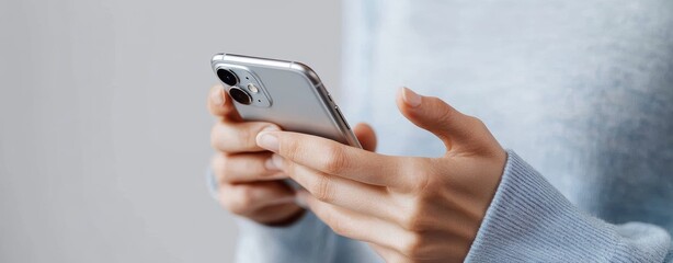 Fototapeta na wymiar Closeup of Hands Holding Mobile Phone Texting on Smartphone Over Grey Background