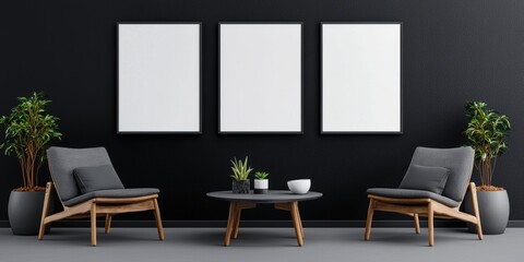 Modern minimalist living room setup with blank posters indoor plants cozy ambiance artistic concept