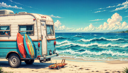 a vintage blue and white camper van parked on a sandy beach next to a body of water, with a colorful surfboard hanging on the side of the van.