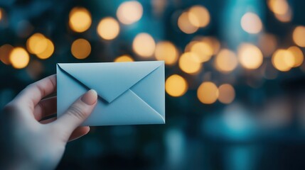A hand holds a sealed envelope against a blurred background of glowing lights, creating a warm, inviting atmosphere.