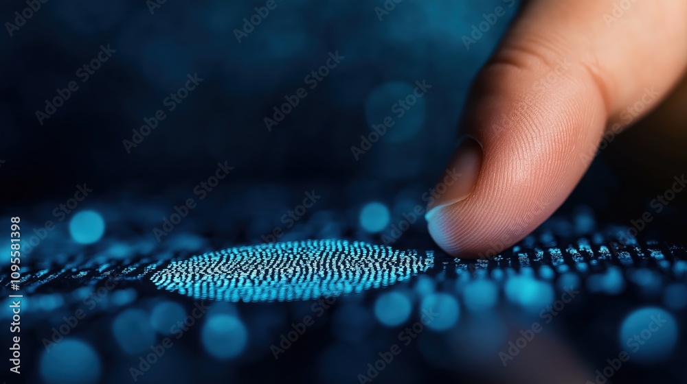 Poster a close-up image of a finger hovering over a textured surface with glowing blue elements, suggesting