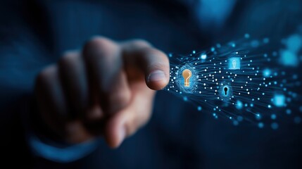 A hand reaches towards a digital interface displaying security icons, symbolizing cybersecurity and technological advancement.