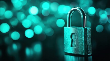 A shiny padlock in front of a blurred, teal bokeh background, symbolizing security and protection.