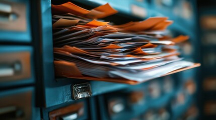 A cluttered filing cabinet drawer overflowing with letters and documents in orange folders, showcasing disorganization and busy work life.