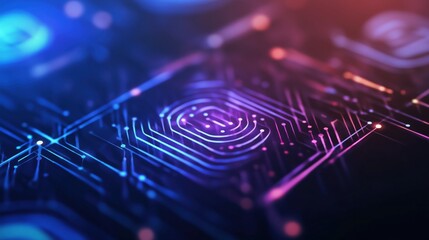 Fototapeta premium A vibrant digital circuit board with intricate patterns, illuminated in shades of blue and purple, symbolizing technology and innovation.