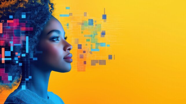 A profile of a woman against a vibrant yellow background, with digital elements flowing from her head, symbolizing creativity and technology.