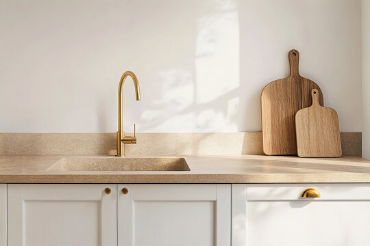 Classic kitchen interior. Beige marble worktop, sink. Golden faucet, chopping boards. White rustic wooden kitchen cabinets with brass handles knobs. Scandinavian shaker style. Empty wall in sunlight.