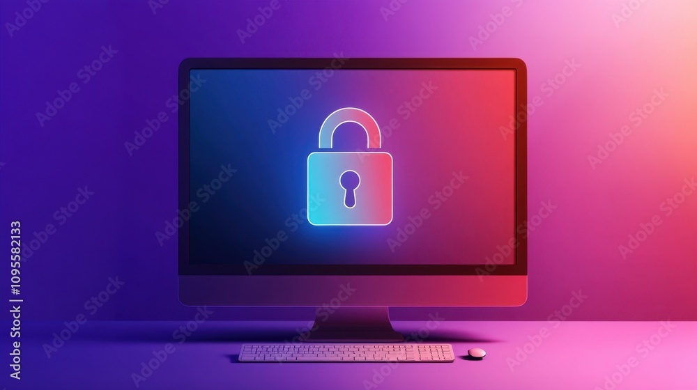 Poster modern digital security concept on computer screen with locked padlock icon and colorful background 
