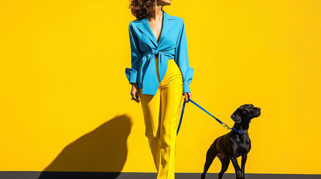 A woman wearing a blue jacket, walking her black cocker spaniel dog in front of a yellow wall