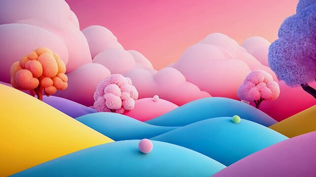 Whimsical and Dreamy Landscape Colorful Hills, Fluffy Trees, and Pastel Clouds in Pink and Blue Skies