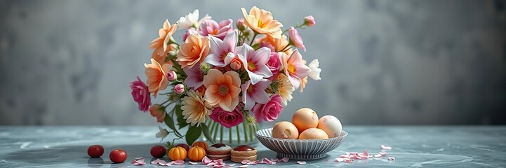 A delicate arrangement of flowers in a vase with an assortment of colorful sweets on the table beside it, interior design, decor, bouquet