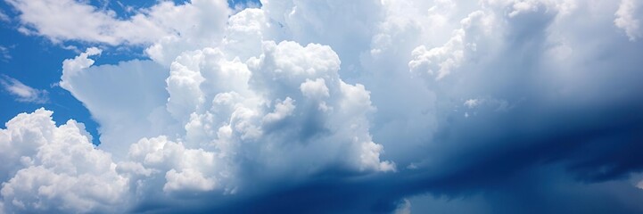 Fototapeta premium A dramatic display of fluffy white clouds against the deep blue color of the sky with a hint of thunder, dramatic skies, blue sky