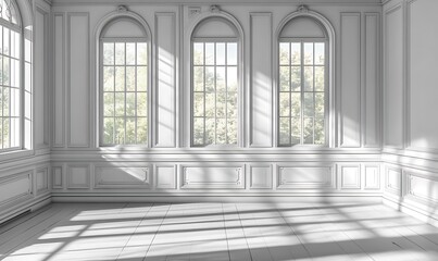  white empty room with shadow window and green plant on white wall luxury background and wooden floor 