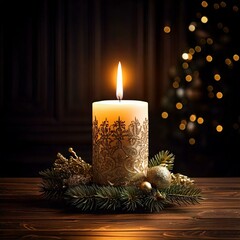 christmas candle with fir branches on a wooden table in a dark cozy room
