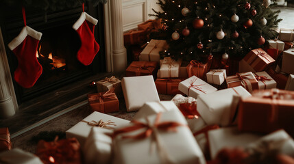 Obraz premium A cozy living room decorated for Christmas, with festive decorations like stockings hanging from the fireplace and large trees adorned in red ornaments, and pile of gifts
