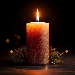 christmas candle with fir branches on a wooden table in a dark cozy room