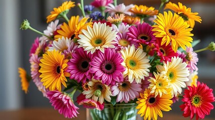 A large and vibrant arrangement of mixed-colored flowers in a clear glass vase, bright, mixed colors, blooms
