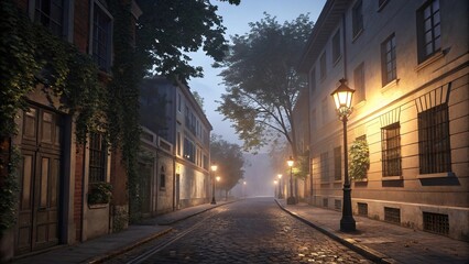 Fototapeta premium A lantern's soft illumination on a deserted street at dusk, street, lantern