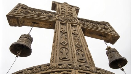 Ancient cross adorned with intricate carvings of paschal bells, jewish symbolism, passion week decorations