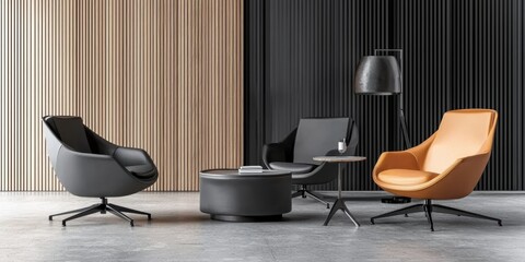 Modern office room design featuring gray and wooden walls stylish furniture contemporary workspace indoor setting