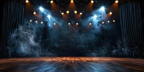 Fototapeta premium Dynamic concert stage with smoky atmosphere wooden floor music event setting indoor venue artistic viewpoint