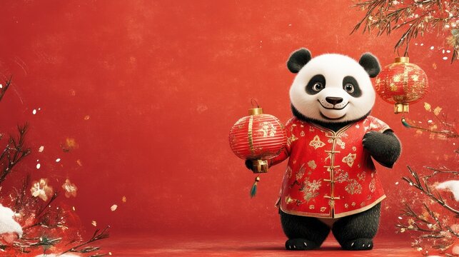 A cute panda wearing a traditional Chinese outfit holds two red lanterns in front of a red background with snowflakes and branches.