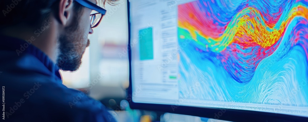 Poster mechanical engineer analyzing fluid flow data office environment digital analysis technical insight
