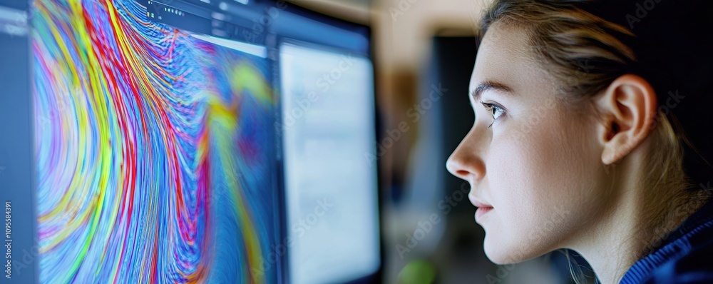 Poster mechanical engineer analyzing fluid flow data on computer screen office macro shot professional envi