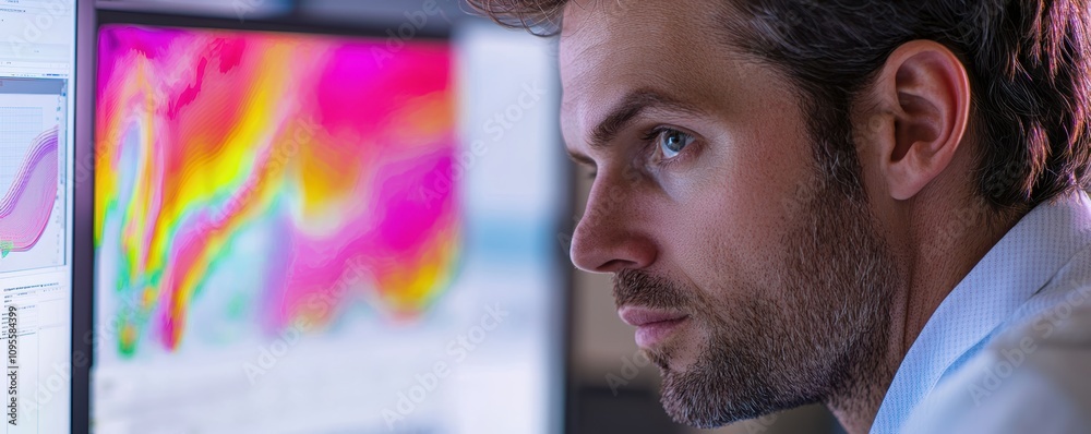 Poster mechanical engineer analyzing fluid flow data in high-tech lab environment close-up perspective inno