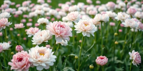 Fototapeta premium A sea of white ranunculus flowers with pink hues in the foreground set against a lush green background, wildflowers, flowers, spring