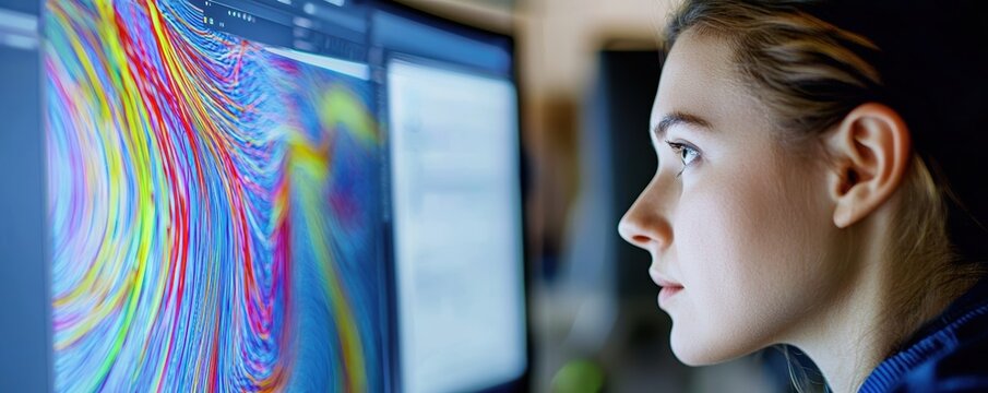 Mechanical engineer analyzing fluid flow data on computer screen office macro shot professional environment focused perspective