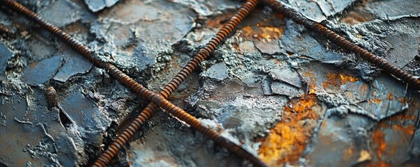 Construction action laying steel rebar foundation industrial site macro shot urban environment structural integrity