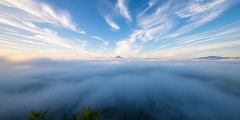 Fototapeta premium A soft blanket of fog envelops the lake and its surroundings in the early morning hours revealing a breathtaking blue sky with wispy clouds, blue sky, tranquil scene