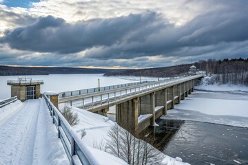 A snA snow topped bridge crossing over a frozen river at the top of a dam, icy water, snowy landscape
