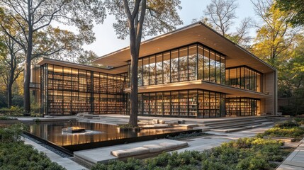 Obraz premium Modern Library with Reflection Pool