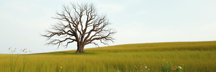 Obraz premium Bare oak tree standing alone in a clearing surrounded by tall grasses and wildflowers, wildflowers, simplicity